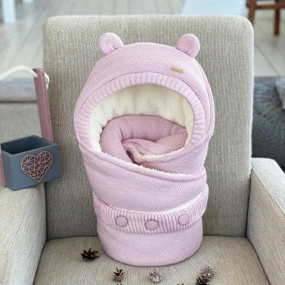 Утеплений в'язаний конверт на махрі рожевий